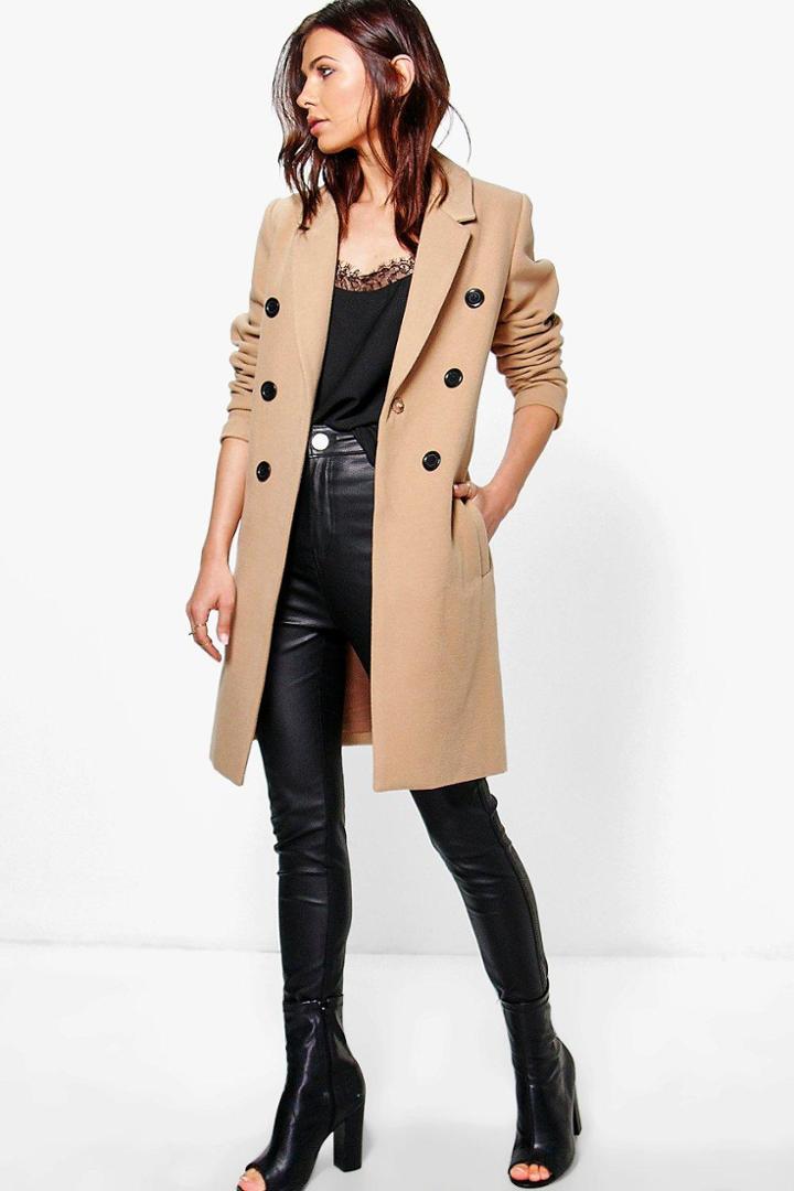 Boohoo Natalie Double Breasted Coat Camel