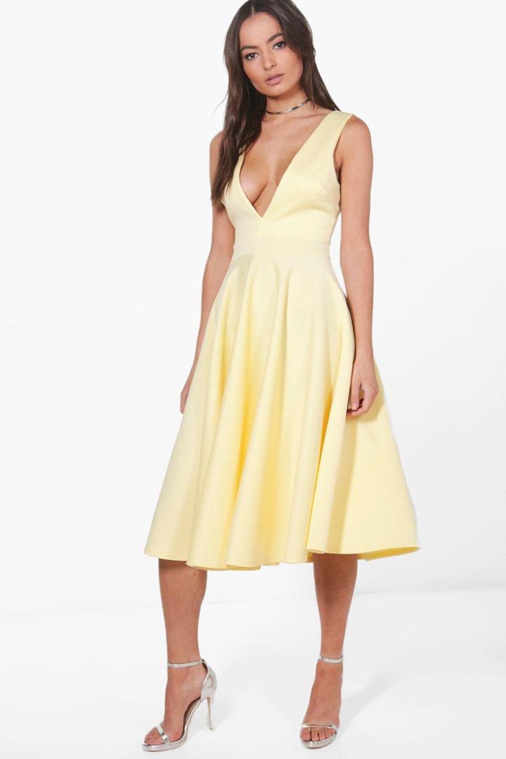 Boohoo Anita Plunge Neck Scuba Skater Dress Lemon