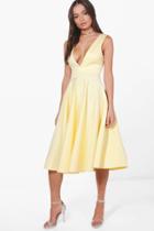 Boohoo Anita Plunge Neck Scuba Skater Dress Lemon