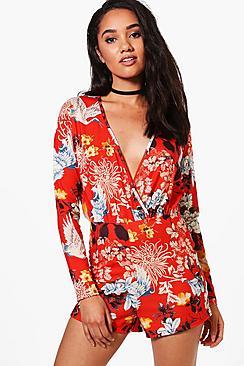 Boohoo Petite Lucy Oriental Wrap Playsuit