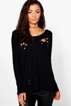 Boohoo Tall Rina Distressed Oversized Top Black