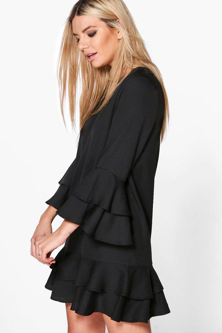 Boohoo Lucia Ruffle Tiered Shift Dress Black