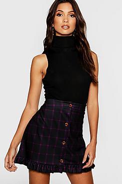 Boohoo Window Pane Check Horn Button Frill Skirt