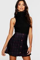 Boohoo Window Pane Check Horn Button Frill Skirt