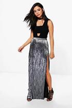 Boohoo Yazzmin Metallic Pleated Thigh Split Maxi Skirt