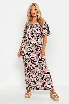 Boohoo Plus Floral Off The Shoulder Ruffle Maxi Dress