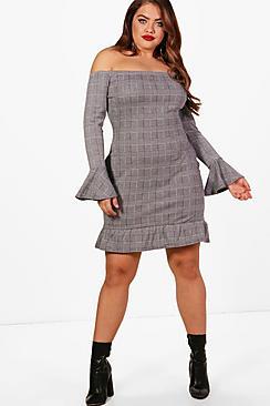 Boohoo Plus Megan Check Off Shoulder Dress