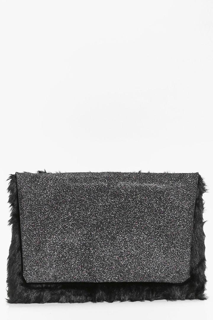 Boohoo Lola Glitter And Faux Fur Clutch Bag Black