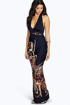 Boohoo Bethany Boarder Print Halter Neck Maxi Dress