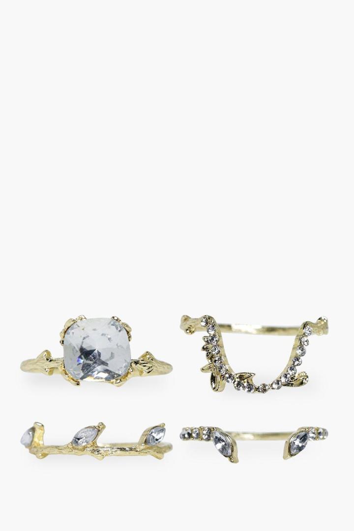 Boohoo Julia Crystal 4 Set Ring Pack Gold