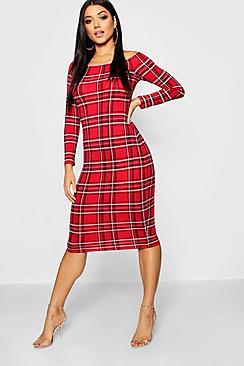 Boohoo Tartan Off The Shoulder Midi Dress