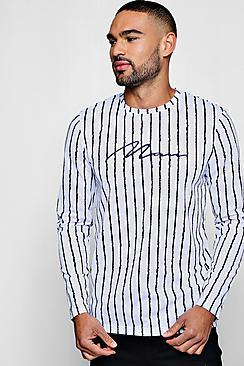 Boohoo L/s Curve Hem Stripe T-shirt With Man Embroidery