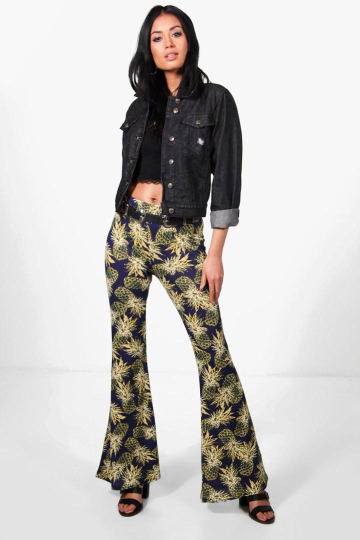 Boohoo Mia Pineapple Print Festival Flared Trousers Navy
