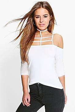 Boohoo Petite Lydia Caging Choker Detail Long Sleeve Tee