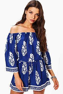 Boohoo Josie Printed Off Shoulder Crop & Short Co-ord