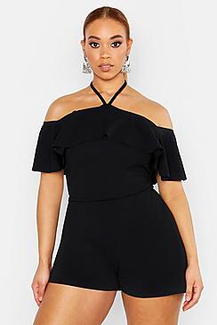 Boohoo Plus Ruffle Halter Neck Cold Shoulder Playsuit
