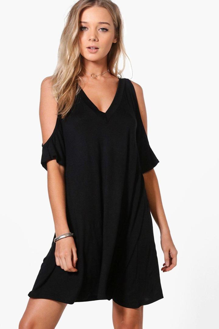 Boohoo Leila Cold Shoulder Swing Dress Black