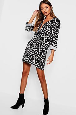 Boohoo Giraffe Print Pocket Front Shirt Dress
