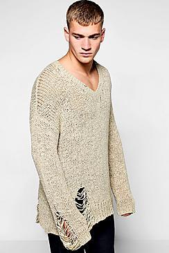 Boohoo V Neck Distressed Knitted Jumper