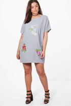 Boohoo Plus Macie Floral Embroidered Shift Dress Grey