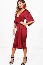 Boohoo Slinky Kimono Sleeve Tie Waist Midi Dress