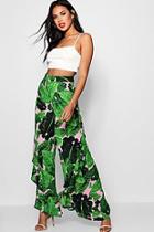 Boohoo Palm Print Woven Frill Flare Trouser