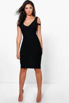 Boohoo Bo Plunge Open Shoulder Bodycon Dress Black