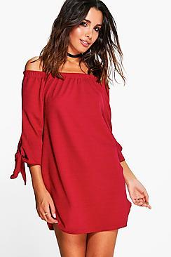 Boohoo Off The Shoulder Tie Sleeve Shift Dress