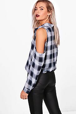 Boohoo Robyn Check Cold Shoulder Shirt