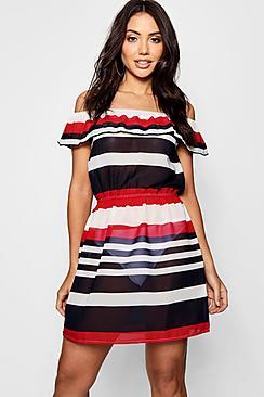 Boohoo Lydia Sailor Stripe Bardot Beach Dress