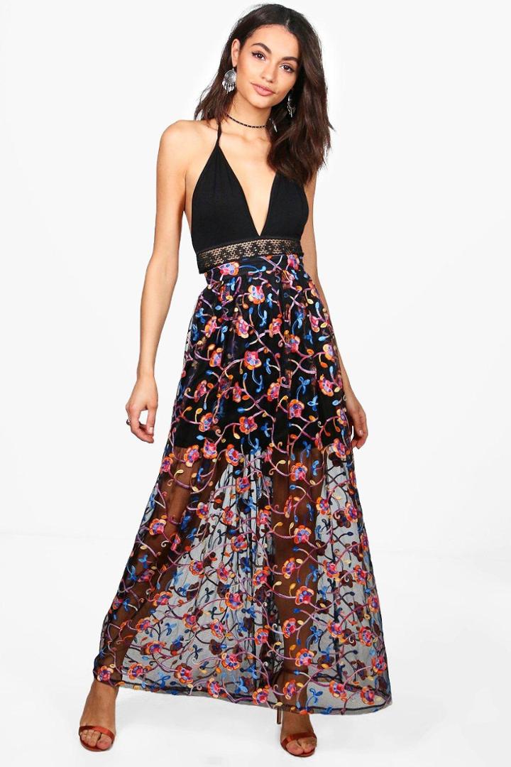 Boohoo Boutique Roksana Embroidered Full Maxi Skirt Black