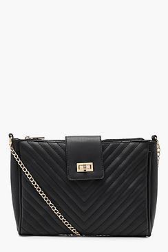 Boohoo Lucy Chevron Quilt & Lock Clutch With Chain