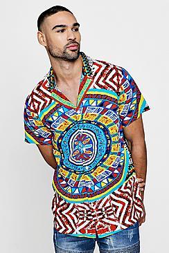 Boohoo Retro Print Short Sleeve Revere Shirt