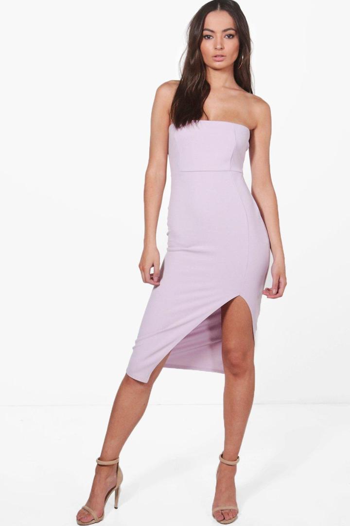 Boohoo Beryl Crepe Bandeau Front Split Midi Dress Lilac