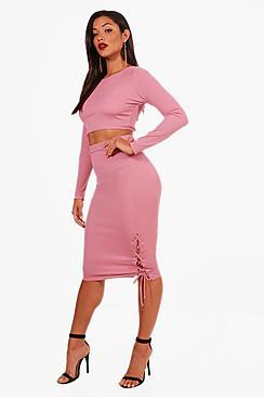 Boohoo Adina Ribbed Crop Top And Midi Skirt Set