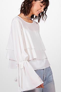 Boohoo Ella Tier Ruffle Tie Sleeve Woven Top