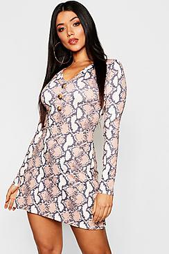 Boohoo Snake Print Mock Horn Button Skater Dress