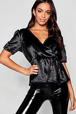 Boohoo Hammered Satin Wrap Top