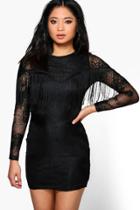 Boohoo Petite Tara Lace Tassel Detail Bodycon Dress Black