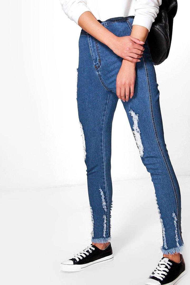 Boohoo Kellie High Rise Destroyed Hem Tube Jeans Blue