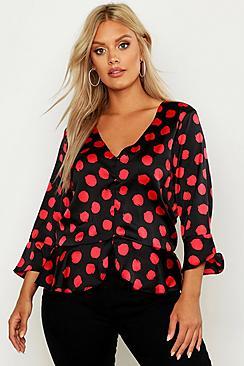 Boohoo Plus Satin Smudge Polka Dot Tie Front Blouse