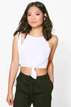 Boohoo Petite Gia Knot Front High Neck Crop Top White