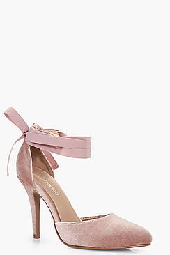 Boohoo Grace Velvet Ribbon Tie Pointed Court Shoe