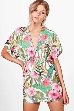 Boohoo Petite Mia Tropical Print Batwing Bodycon Dress