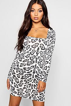 Boohoo Petite Animal Print Square Neck Bodycon Dress