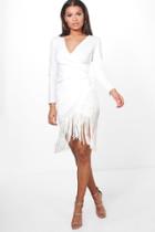 Boohoo Niamh Tassel Hem Wrap Front Dress Ivory