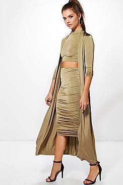 Boohoo Poppy 3 Peice Duster, Skirt & Crop Co-ord Set