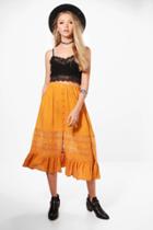 Boohoo Adalia Lace Insert Button Front Midi Skirt Ochre