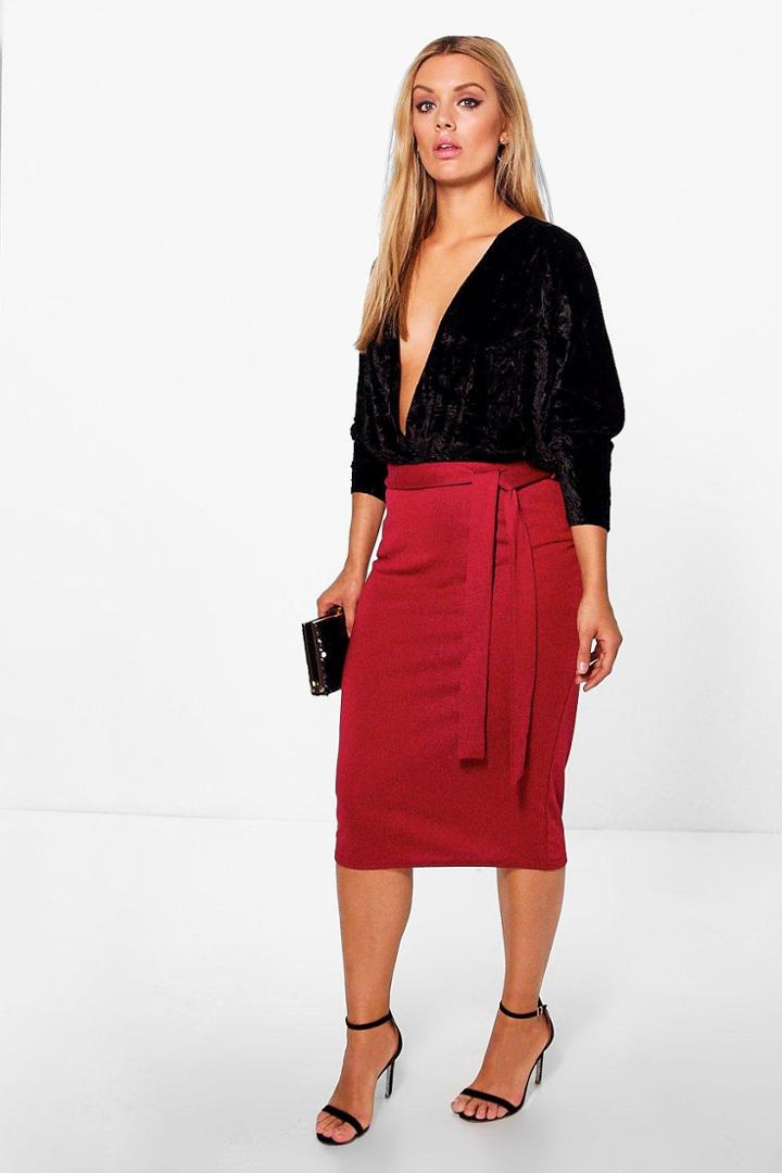 Boohoo Plus Sara Tie Waist Midi Skirt Wine