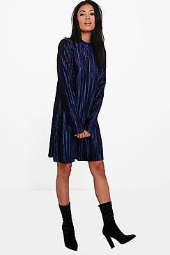 Boohoo Dehlia High Neck Velvet Pleated Shift Dress